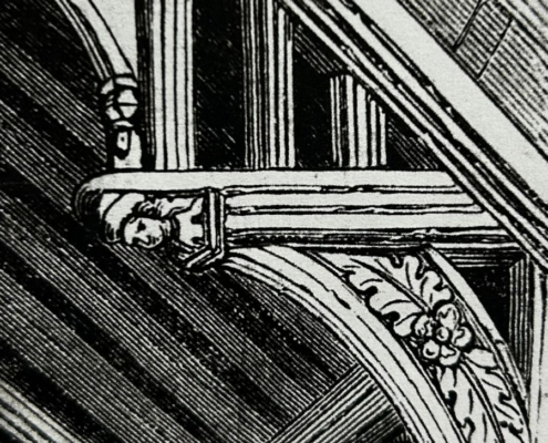 Printed image of wood carvings on a building