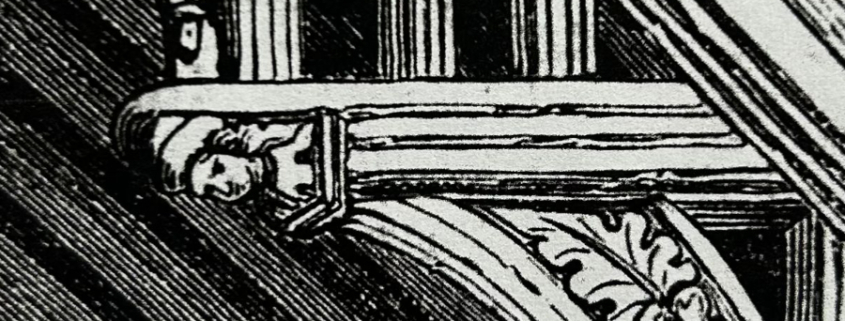 Printed image of wood carvings on a building