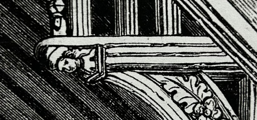 Printed image of wood carvings on a building