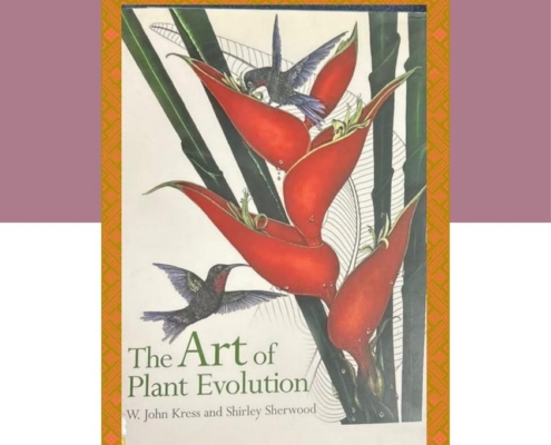 A Gibson Library's Book of the Month flyer featuring the book cover of "The Art of Plant Evolution" by W. John Kress and Shirley Sherwood, showing a botanical illustration of a red heliconia plant and hummingbirds.
