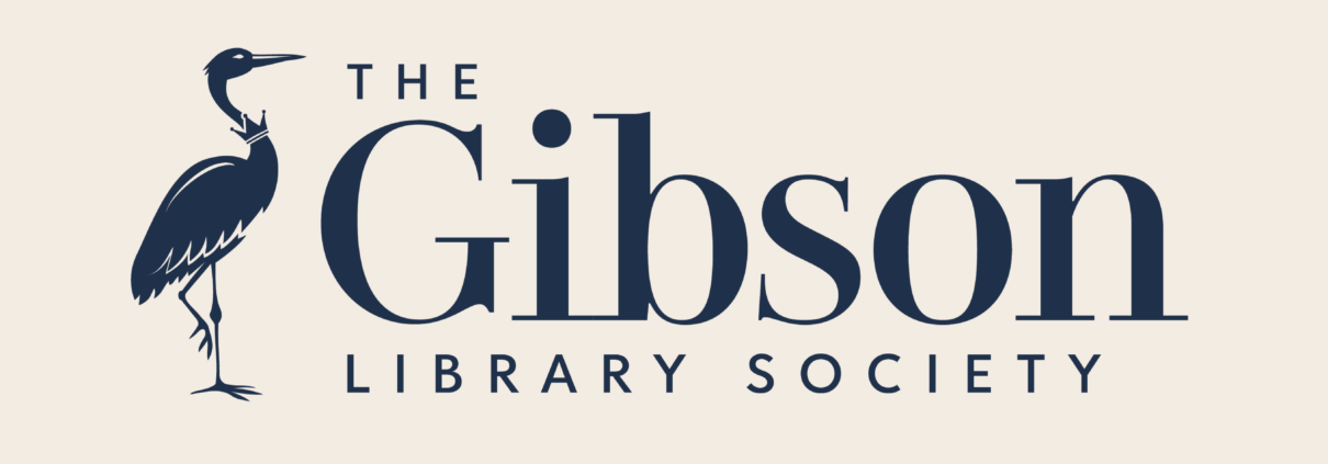 Rectangular cream background logo with navy text that reads “The Gibson Library Society” in elegant serif lettering with a heron on the left side of the text