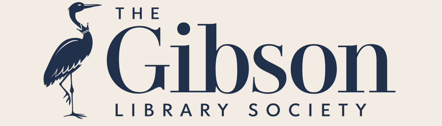 Rectangular cream background logo with navy text that reads “The Gibson Library Society” in elegant serif lettering with a heron on the left side of the text