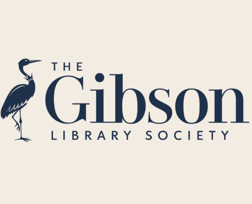 Rectangular cream background logo with navy text that reads “The Gibson Library Society” in elegant serif lettering with a heron on the left side of the text