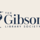 Rectangular cream background logo with navy text that reads “The Gibson Library Society” in elegant serif lettering with a heron on the left side of the text