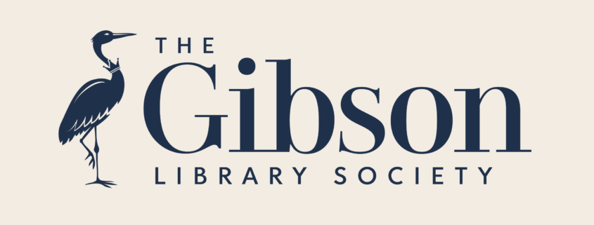 Rectangular cream background logo with navy text that reads “The Gibson Library Society” in elegant serif lettering with a heron on the left side of the text