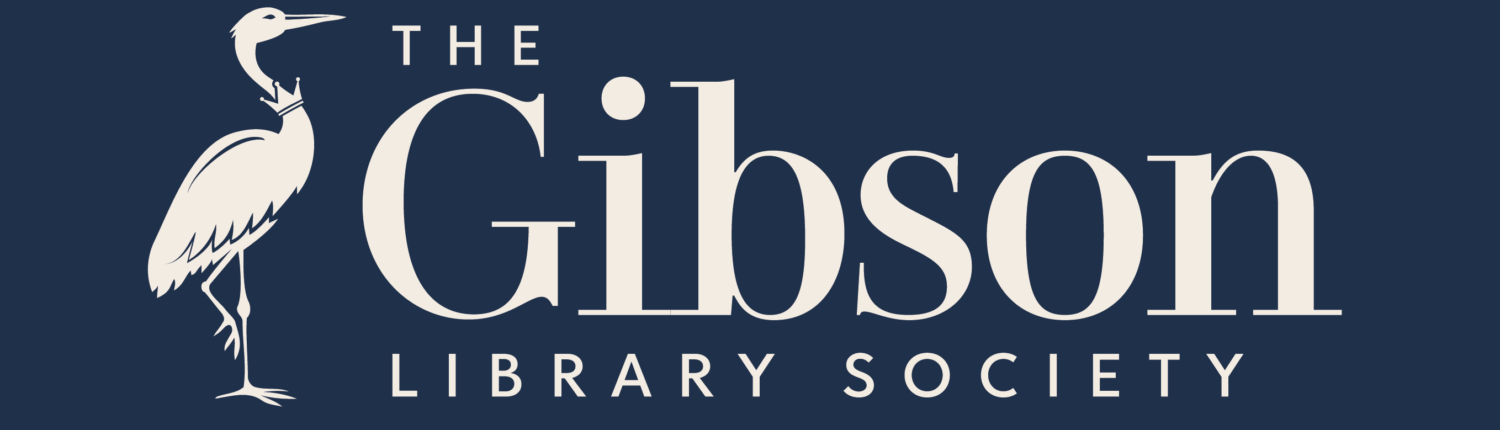 Rectangular boxed navy logo beside text that reads “The Gibson Library Society” in elegant serif lettering with a heron on the left side of the text