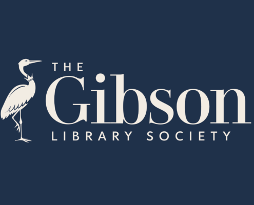 Rectangular boxed navy logo beside text that reads “The Gibson Library Society” in elegant serif lettering with a heron on the left side of the text