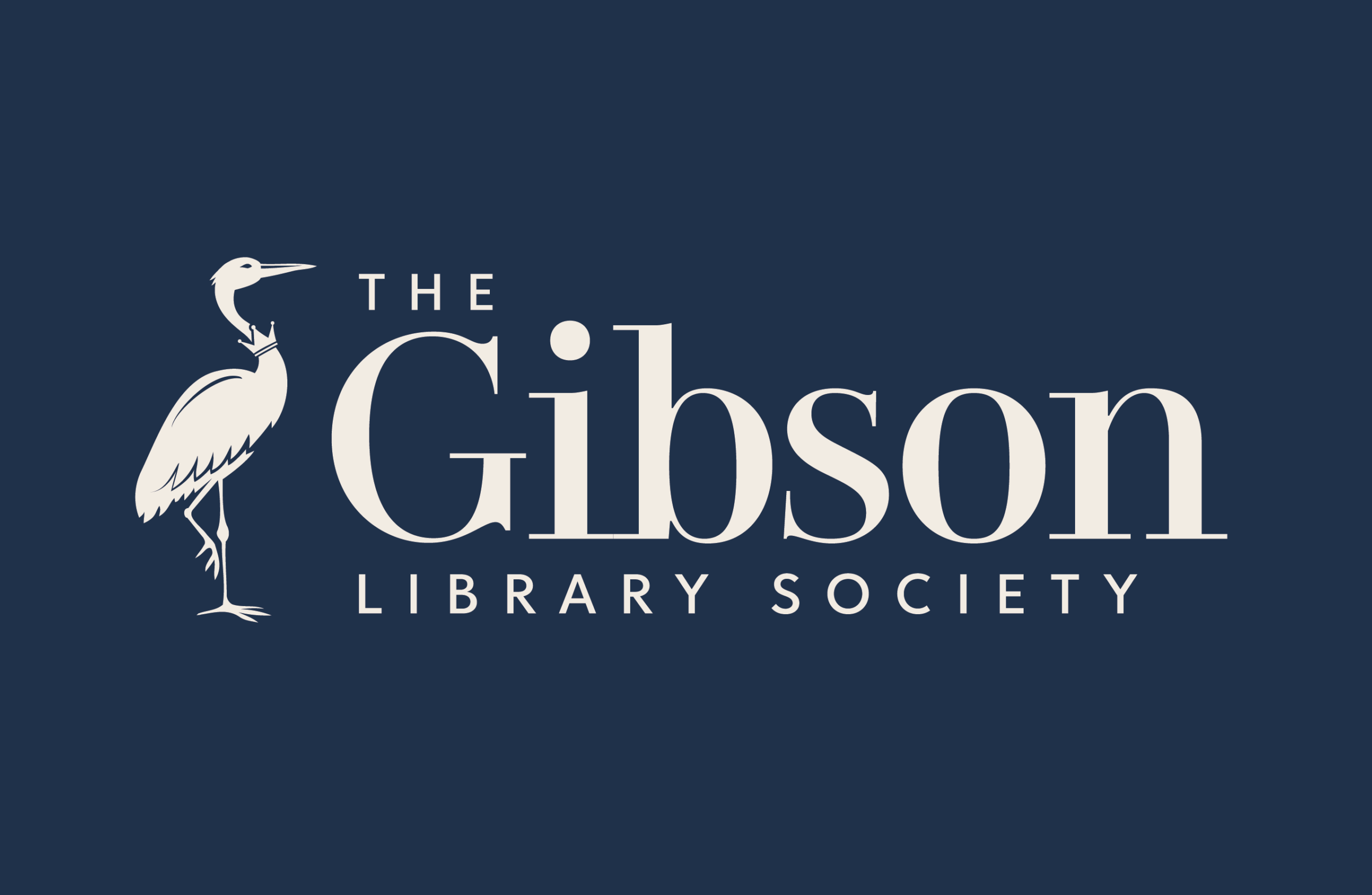 Rectangular boxed navy logo beside text that reads “The Gibson Library Society” in elegant serif lettering with a heron on the left side of the text