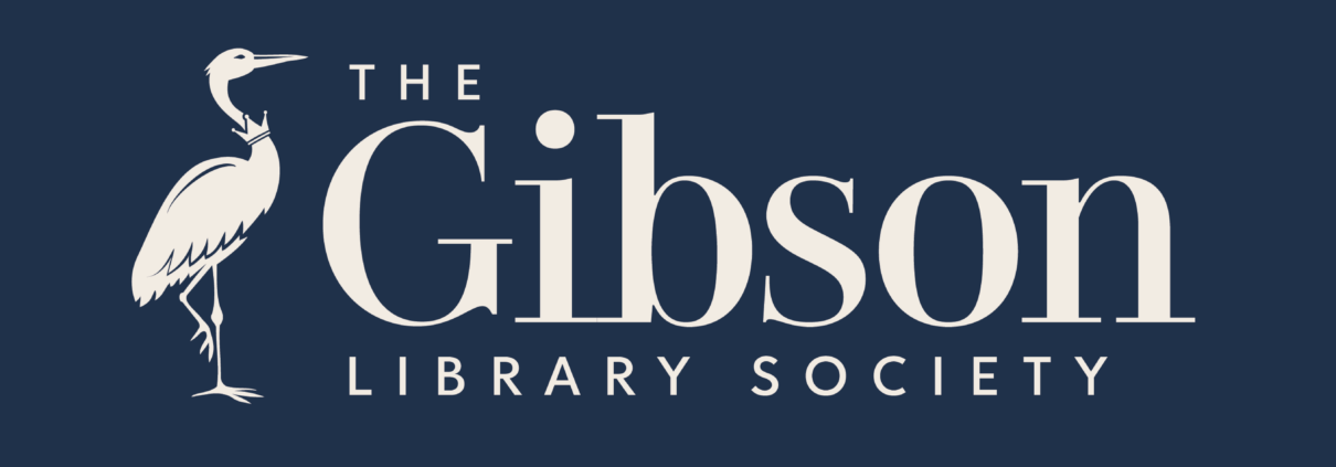Square boxed navy logo beside text that reads “The Gibson Library Society” in elegant serif lettering with a heron on the left side of the text
