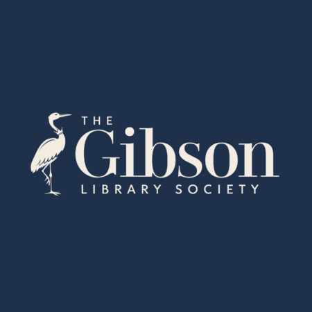 Square boxed navy logo beside text that reads “The Gibson Library Society” in elegant serif lettering with a heron on the left side of the text
