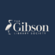Square boxed navy logo beside text that reads “The Gibson Library Society” in elegant serif lettering with a heron on the left side of the text