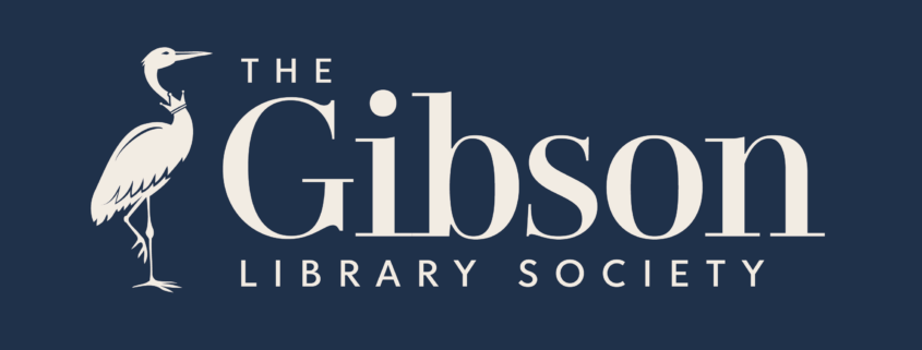 Square boxed navy logo beside text that reads “The Gibson Library Society” in elegant serif lettering with a heron on the left side of the text
