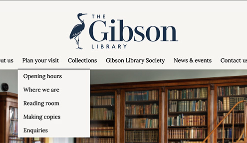 A screenshot taken of the Gibson Library website header overlays a historic library interior, with bookshelves, framed portraits, and an open navigation menu.