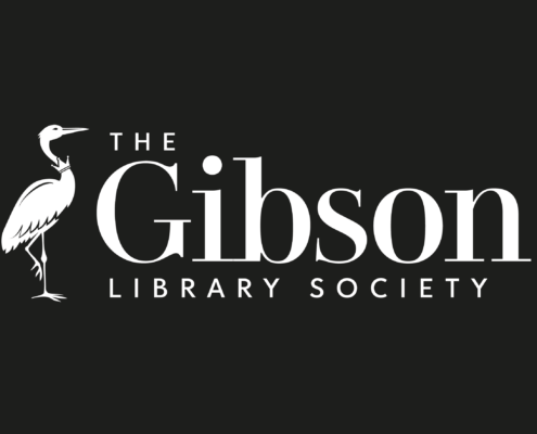 Rectangular black background logo with White text that reads “The Gibson Library Society” in elegant serif lettering with a heron on the left side of the text