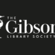 Rectangular black background logo with White text that reads “The Gibson Library Society” in elegant serif lettering with a heron on the left side of the text
