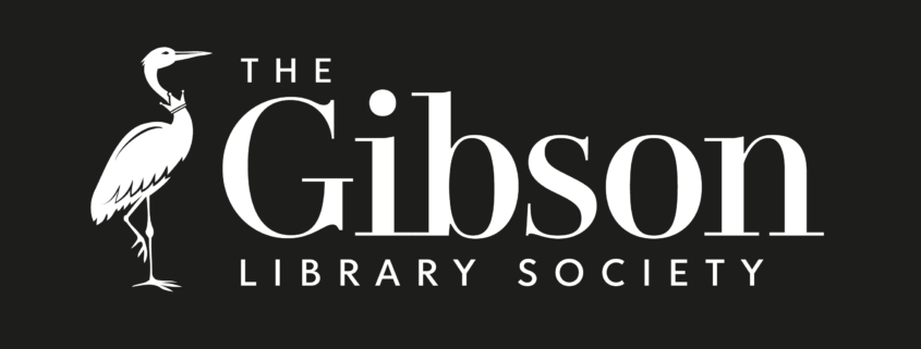 Rectangular black background logo with White text that reads “The Gibson Library Society” in elegant serif lettering with a heron on the left side of the text