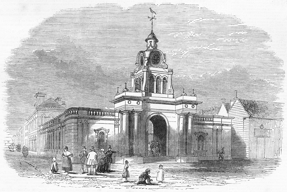 Black-and-white historical illustration of the Corn Exchange on Market Place with people, horse carts.