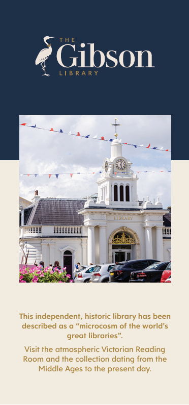 Promotional poster for The Gibson Library, has an image of the library building clock, bunting, flowers, and cars, with text underneath about the library's rare collection.