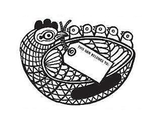 A stylised black-and-white bookplate illustration of a nesting hen and five chicks, with a tag in the hen's beak reading "THIS HEN BELONGS TO:".