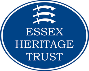 The blue plaque style logo for the Essex Heritage Trust, featuring three stacked white Saxon swords above the organisation's name.
