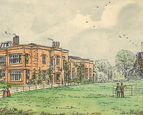 An antique illustration showing the red-brick Saffron Walden Museum building standing next to the stone ruins of Walden Castle across a grassy meadow with visitors.
