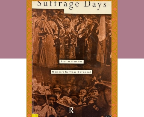 A Gibson Library's Book of the Month flyer featuring the book cover of "Suffrage Days" by Sandra Stanley Holton, showing sepia-toned historical photographs of the women's suffrage movement.