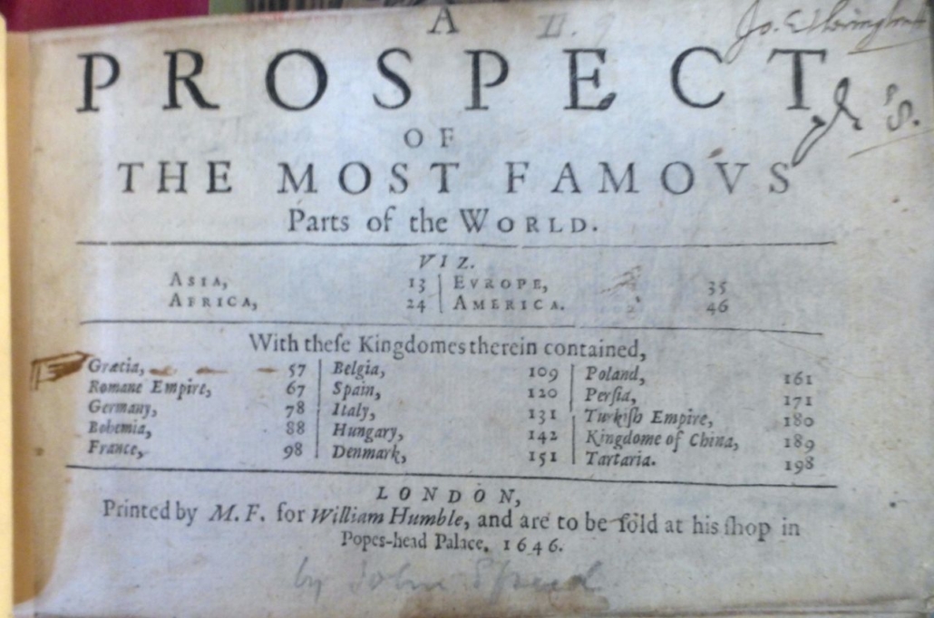 The title page of John Speed's 1646 pocket atlas, "A Prospect of the Most Famous Parts of the World," published in London by William Humble.