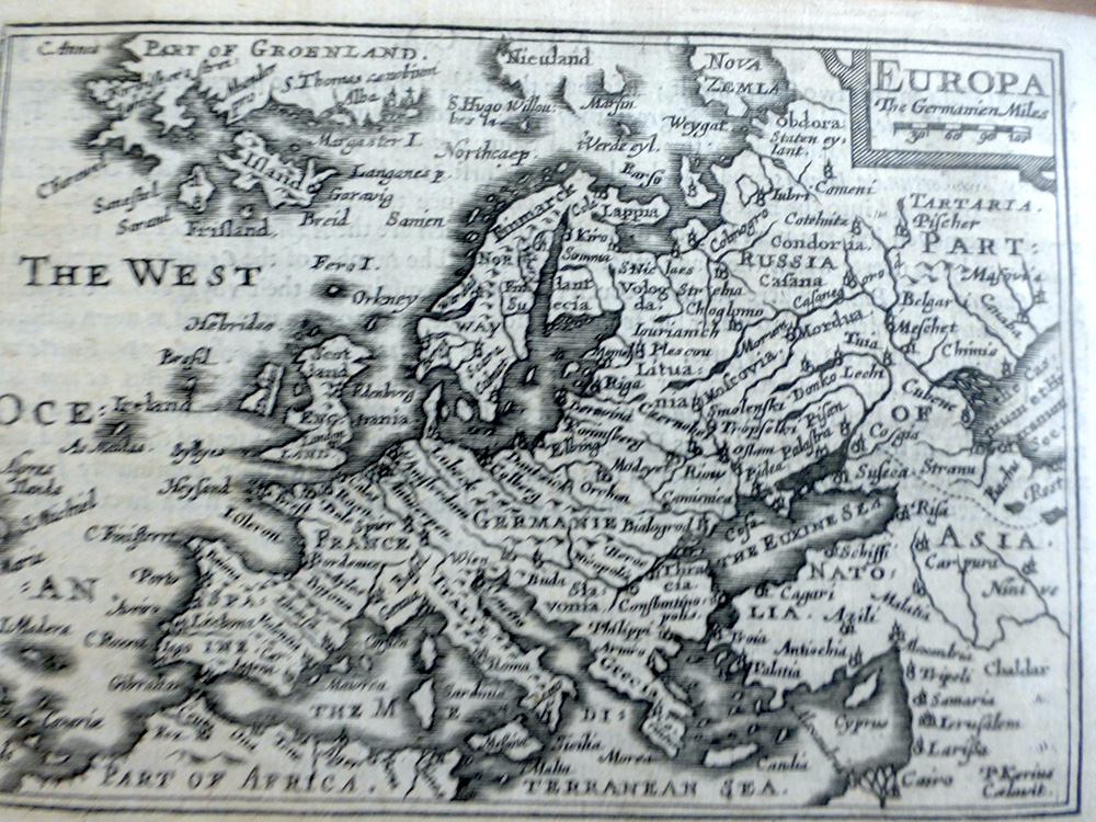 An antique 17th-century engraved map of Europe titled "EUROPA," featuring historical regional names, "The West Ocean," and a German miles scale bar.