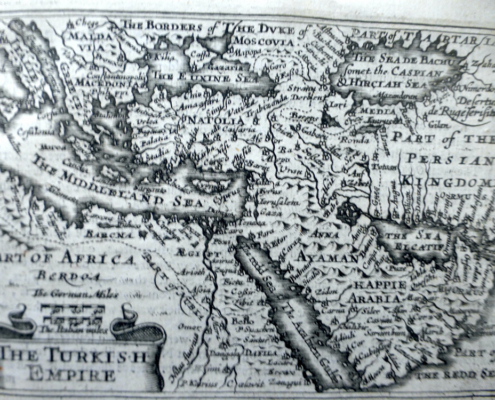 An antique 17th-century engraving of "The Turkish Empire" map, detailing the Mediterranean, Middle East, and Red Sea with historical regional names.