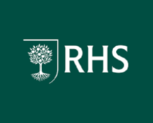 The Royal Horticultural Society (RHS) logo, featuring a white silhouette of a fruiting tree with roots next to the acronym "RHS" on a dark green background.