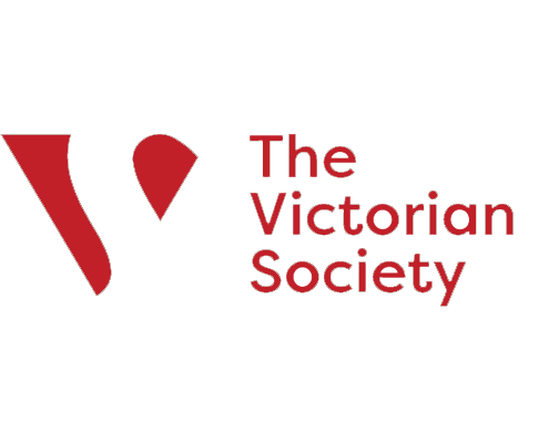 The red and white logo for The Victorian Society, featuring an abstract geometric "V" emblem next to three lines of text.