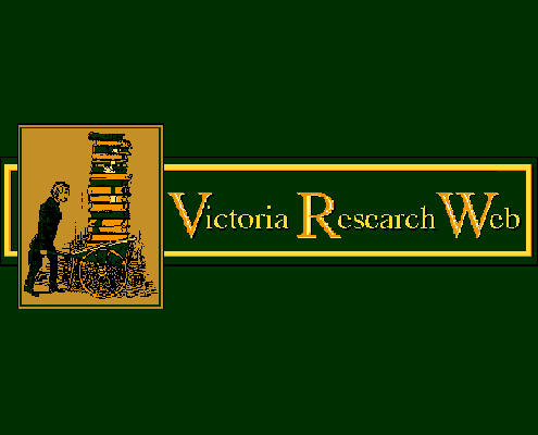 The logo banner for Victoria Research Web, featuring a gold-framed illustration of a man pushing a wheelbarrow stacked with books next to gold text on a dark green background.