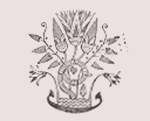 A sketch-style antique illustration of a decorative floral arrangement with three crown-like flowers growing out of a woven basket.