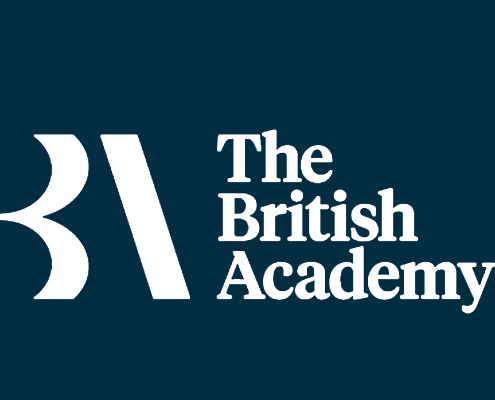 The white logo for The British Academy, featuring an abstract "BA" geometric monogram next to three lines of stacked text on a dark navy blue background.