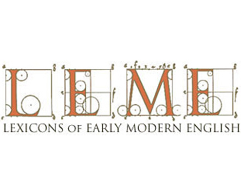 The logo for Lexicons of Early Modern English, featuring the orange acronym "LEME" over detailed geometric design grids, with the full name in black below.