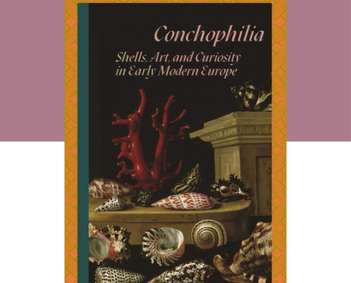 A Gibson Library's Book of the Month flyer featuring the book cover of "Conchophilia: Shells, Art, and Curiosity in Early Modern Europe," showing a classic still life painting of red coral and sea shells.
