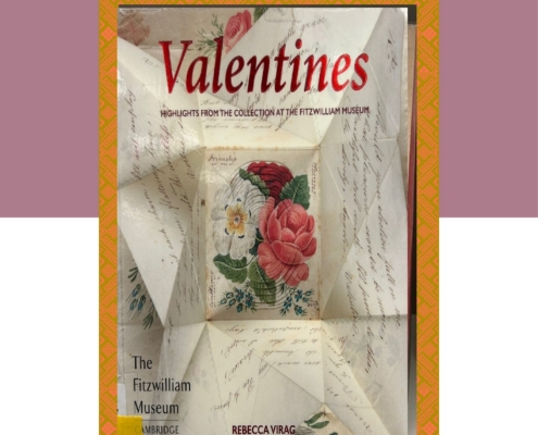 A Gibson Library's Book of the Month flyer featuring the book cover of "Valentines: Highlights from the Collection at the Fitzwilliam Museum" by Rebecca Virag.