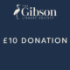 A dark blue graphic with The Gibson Library Society logo at the top and the text "£10 DONATION" centered in white.