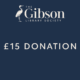 A dark blue graphic with The Gibson Library Society logo at the top and the text "£15 DONATION" centered in white.