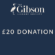 A dark blue graphic with The Gibson Library Society logo at the top and the text "£20 DONATION" centered in white.