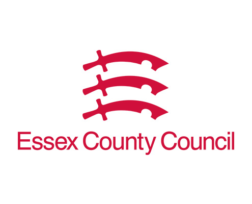 The official red and white logo for Essex County Council, featuring three horizontally stacked Saxon swords above the council's name.