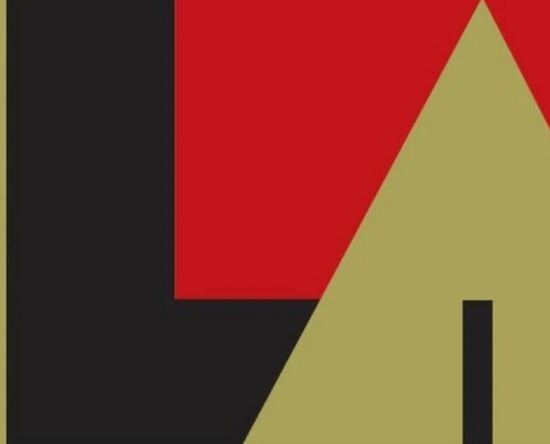 A geometric abstract logo for the Independent Libraries Association featuring stylised overlapping letters "L" and "A" in black, olive-gold, and red.