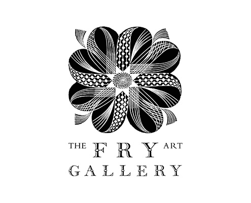 The black-and-white logo for The Fry Art Gallery, featuring an intricate woodcut-style floral rosette above inline serif text.