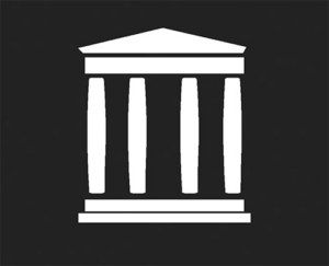 A minimalist white logo of a four-columned classical temple facade on a black background, representing the Internet Archive.