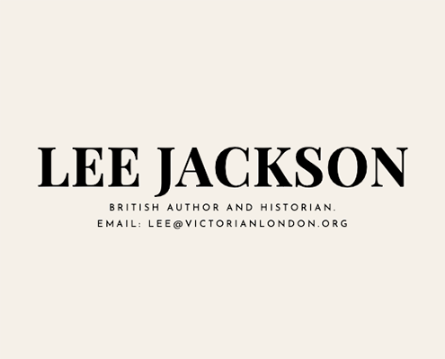 Cream/beige graphic with centered text in black reading "Lee Jackson" British author and historian. Email contact details read Lee@victorianlondon.org
