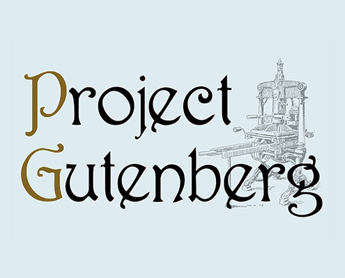 The official logo for Project Gutenberg, featuring stylised gold and black text next to a detailed line drawing of an antique printing press on a light blue background.
