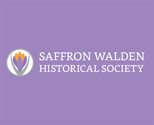 The logo for the Saffron Walden Historical Society, featuring a purple and orange crocus flower icon next to white text on a lavender background.