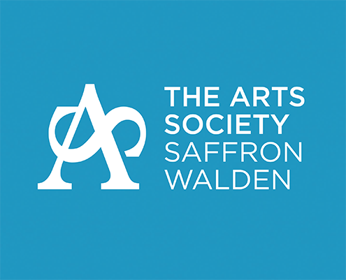 A light blue graphic with text reading "The Arts Society Saffron Walden" centered in white text alongside their logo also in white