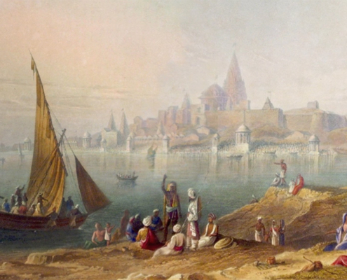 A 19th-century lithograph showing people and sailboats along a shoreline with a grand Indian temple complex and fortified city in the background.