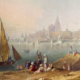 A 19th-century lithograph showing people and sailboats along a shoreline with a grand Indian temple complex and fortified city in the background.